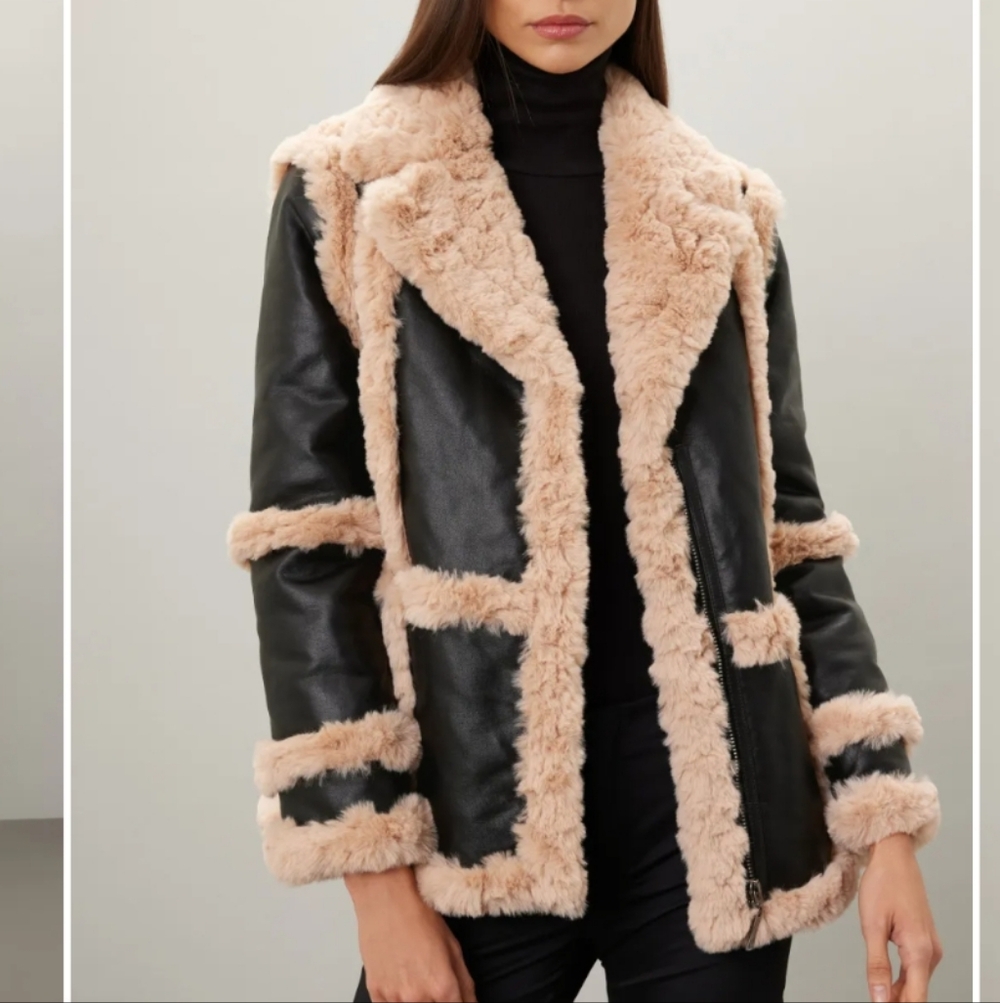Unreal Fur Black and Cream Shearling Coat